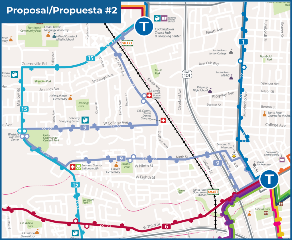 Map of a new version of the Route 9 that operates bidirectionally between the Transit Mall and Coddintown.